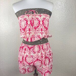 Pink & White Strapless Floral Beach Romper Sz L/XL